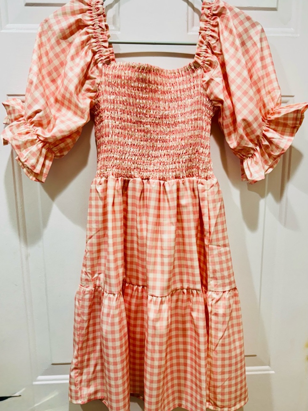 Pink Gingham Smocked Puff-Sleeve Dress Small